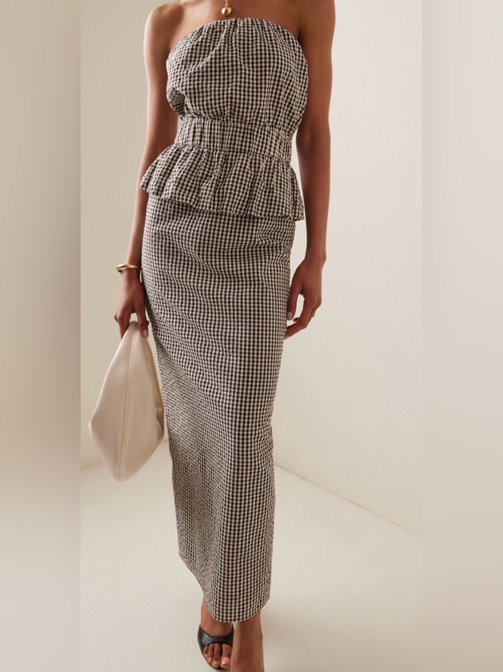 POSSE Aurelia gingham strapless top and midi skirt set size medium cotton